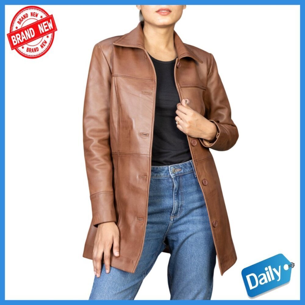 Genuine Leather 3/4 Length Overcoat Blazer Style Jacket Women's